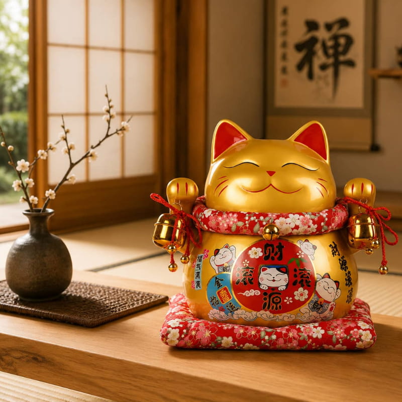 Smiling maneki neko lucky cat statue in gold with raised paws and red bow collar, set on a low table beside a stoneware vase and framed zen calligraphy scroll
