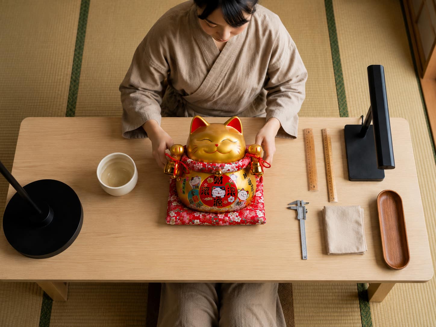 Woman measuring a traditional lucky cat maneki neko figurine on its cushion with wooden rulers against the tabletop, black lamp base and wooden tray arranged nearby