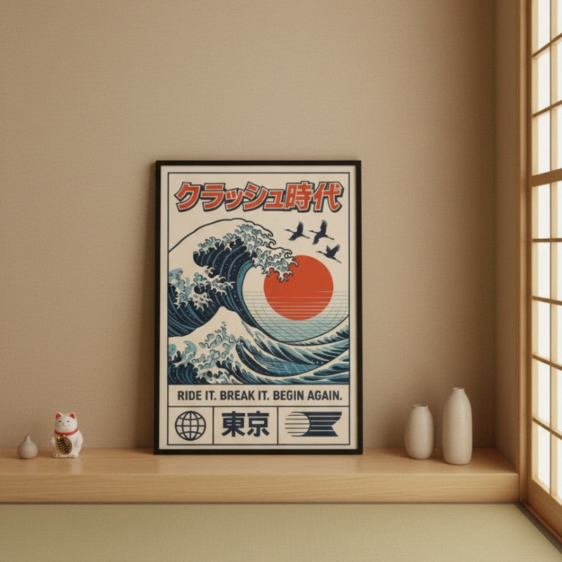 Traditional the wave print japanese poster displayed on wooden shelf with maneki neko ceramic vases near shoji window in serene interior