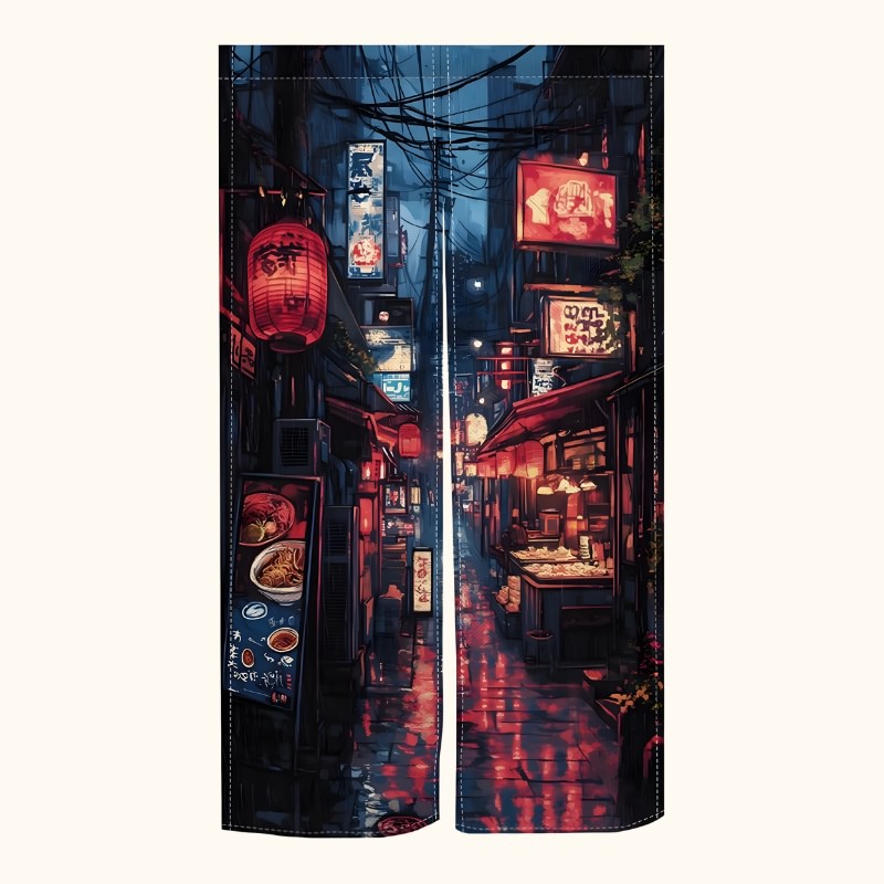 Full view of town curtains noren with moody Tokyo rainy night alley red lanterns neon restaurant signs and wet pavement reflections on white background