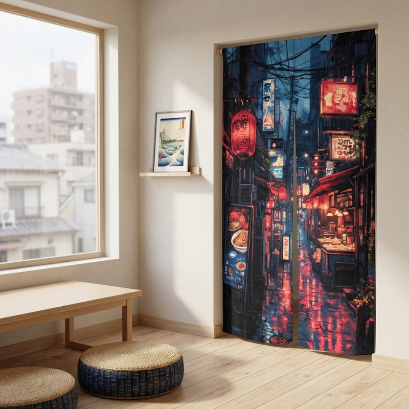 Town noren curtains with cinematic Tokyo night alley red lanterns neon signs and rainy atmosphere displayed in Japanese minimalist room with low table floor cushions and city view