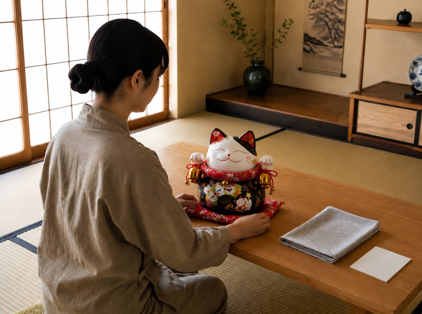 Woman positioning a traditional black maneki neko statue on a low wooden table beside a folded linen cloth, with an ink landscape scroll and potted plant on a raised tatami platform behind
