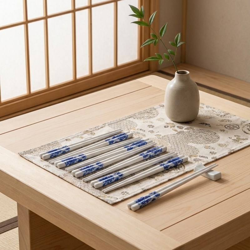 Ten pairs of traditional ceramic chopsticks with blue floral porcelain pattern displayed on a Japanese brocade placemat with a ceramic vase and a chopstick rest on a light wood table