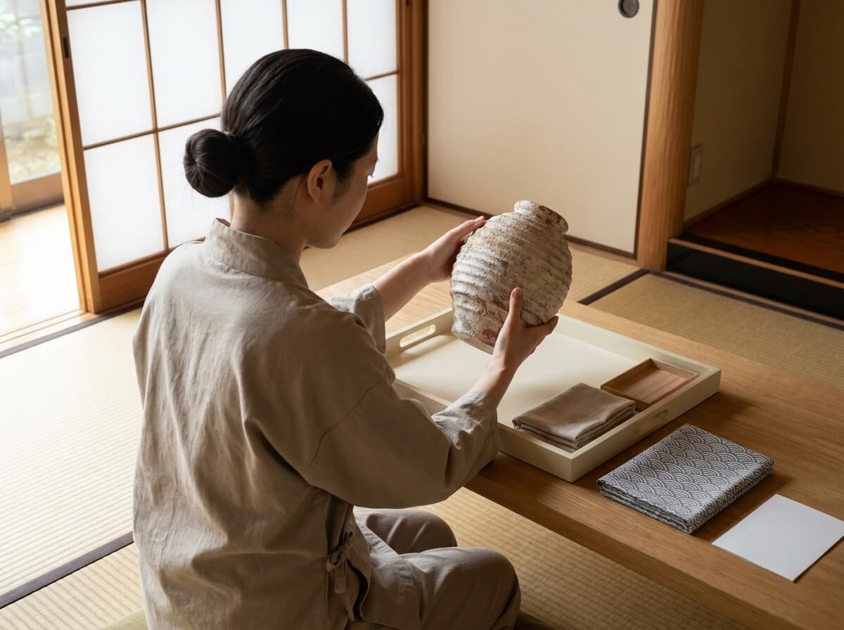 Woman in a linen apron holding a traditional ceramic ikebana vase with a ridged beige surface and narrow rimmed neck, tray resting on the table