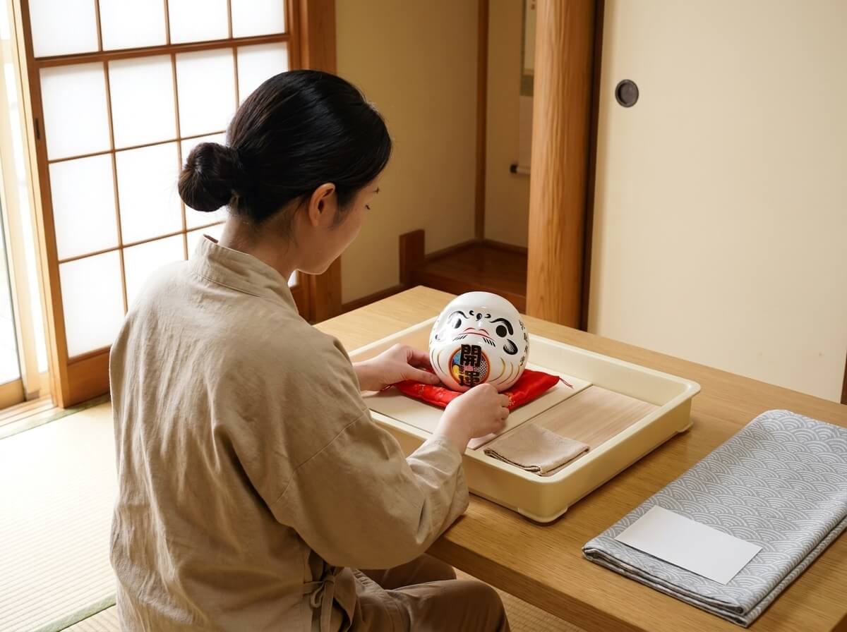 Woman holding a white daruma doll painted with gold kanji characters, resting on its red cushion inside a wooden tray, folded linen cloth nearby in a sunlit tatami room