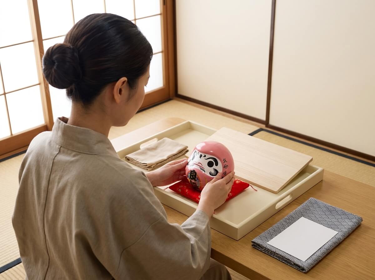 Woman holding a pink traditional daruma doll on its red cushion inside a wooden presentation tray, folded linen cloth resting nearby near a shoji screen window