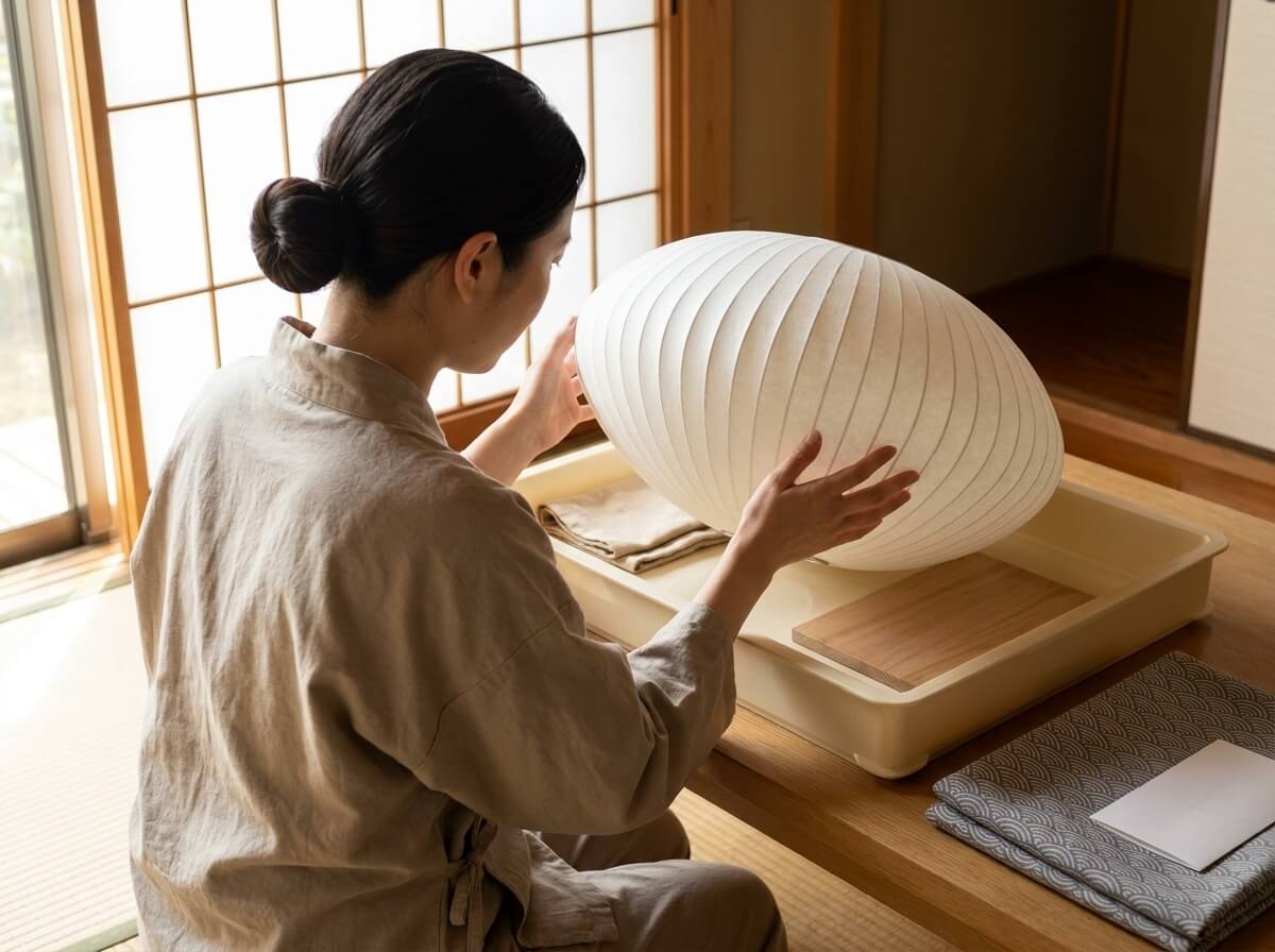 Woman in linen workwear cradling a large oval japandi lamp shade with visible paper pleats, examining the craftsmanship beside a shoji screen in a warm traditional Japanese tatami room