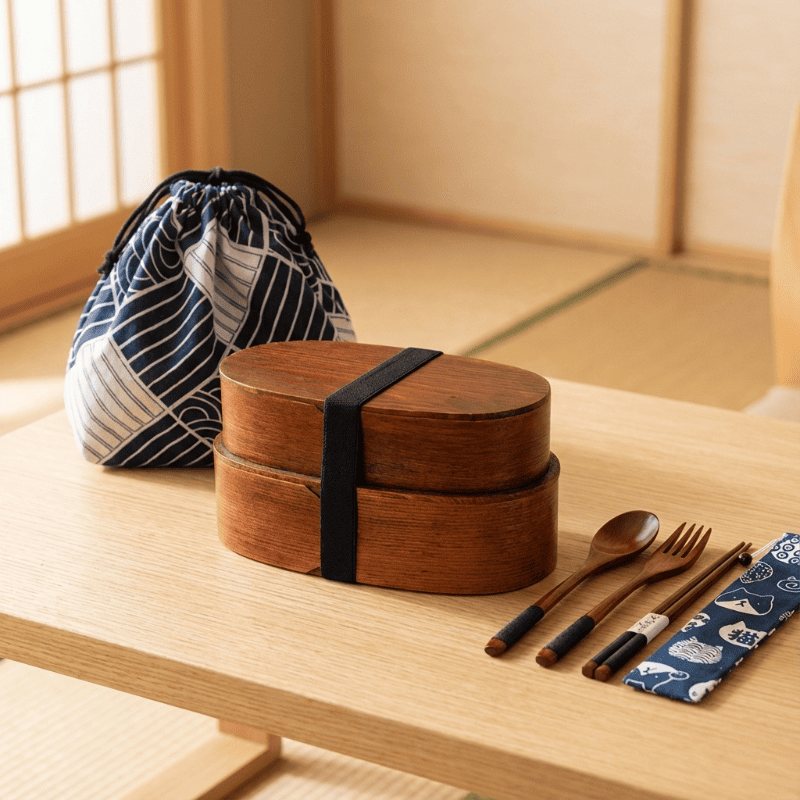 Rich brown traditional japanese bento box with two tiers and patterned carrier bag displayed on wooden table near traditional sliding door in soft daylight