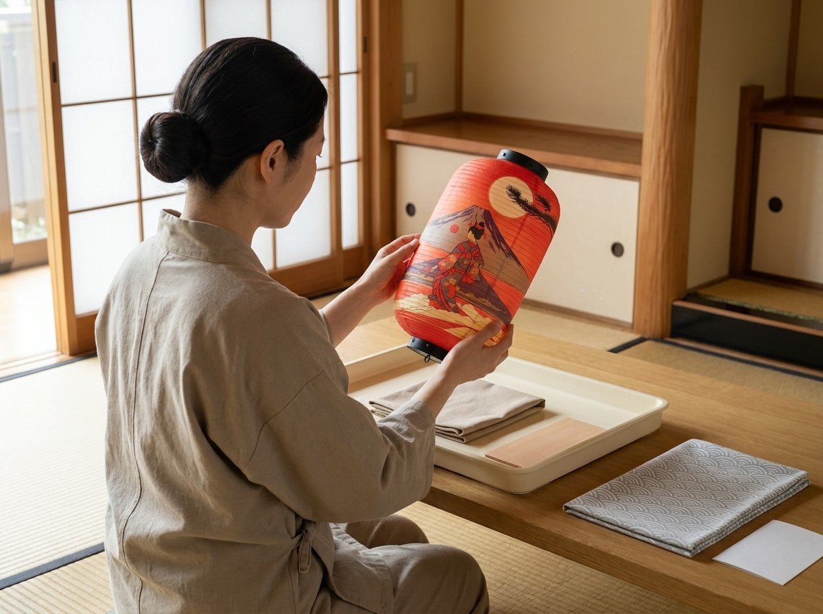 Artisan holding a red traditional Japanese lantern painted with Mount Fuji, a pine tree and a kimono figure beneath a rising sun, tray with folded cloths nearby