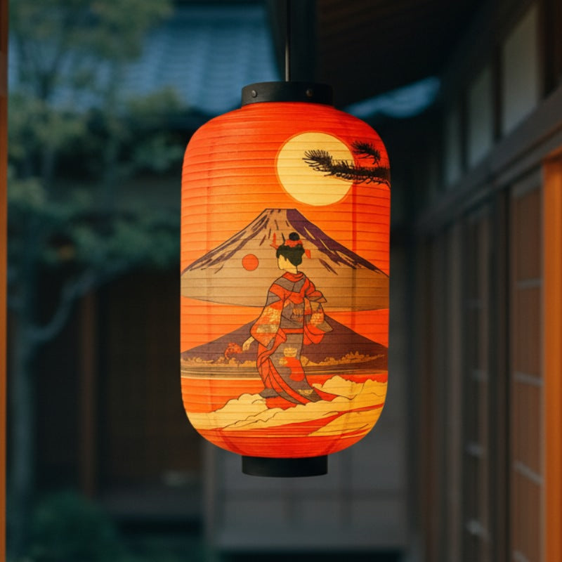 Glowing traditional japanese lantern displaying geisha pilgrimage scene hanging near window overlooking lush green garden at dusk