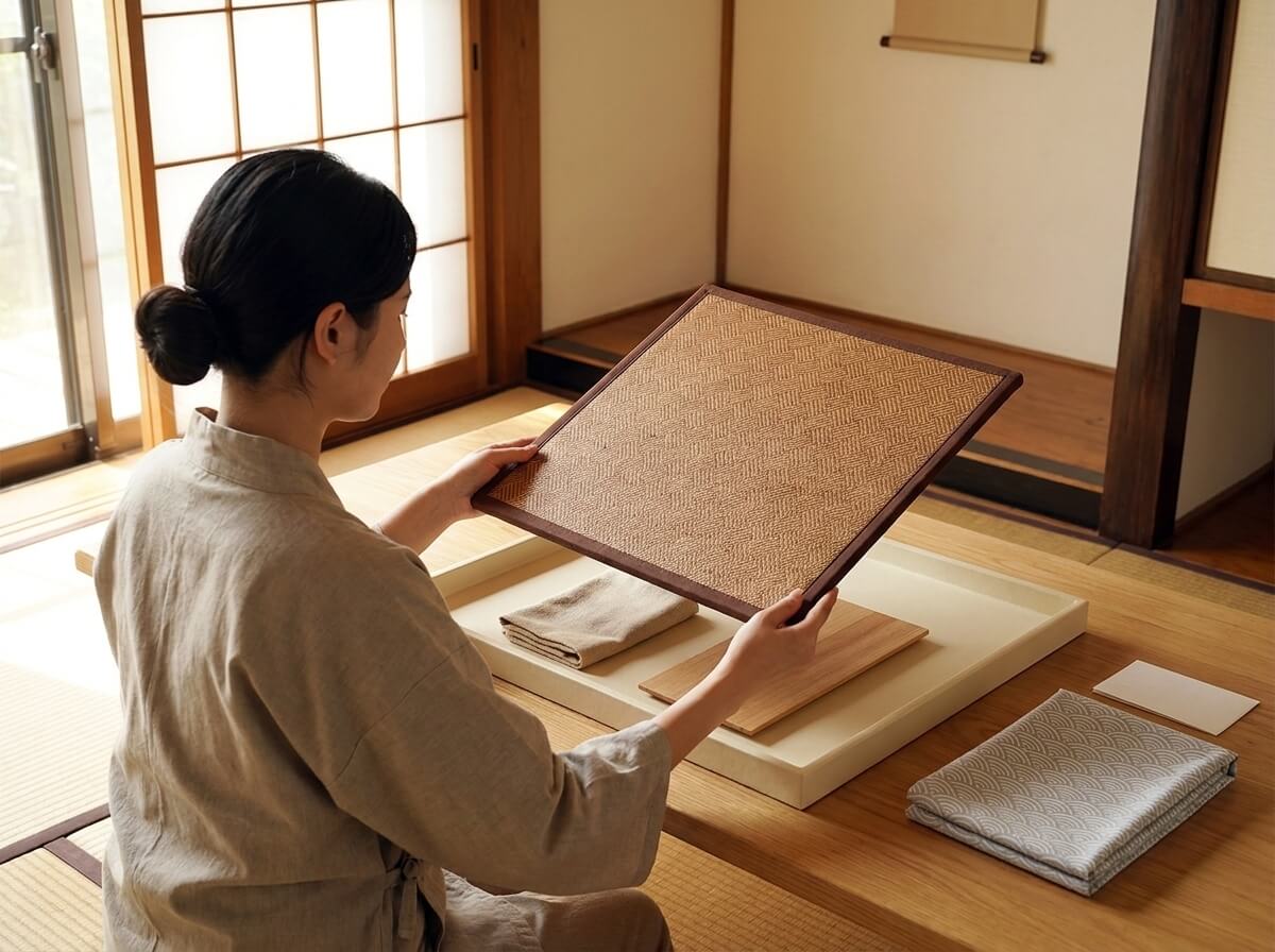 Woman in a linen apron tilting a traditional japanese mat square with a herringbone weave and dark wood frame, tray resting on the table below
