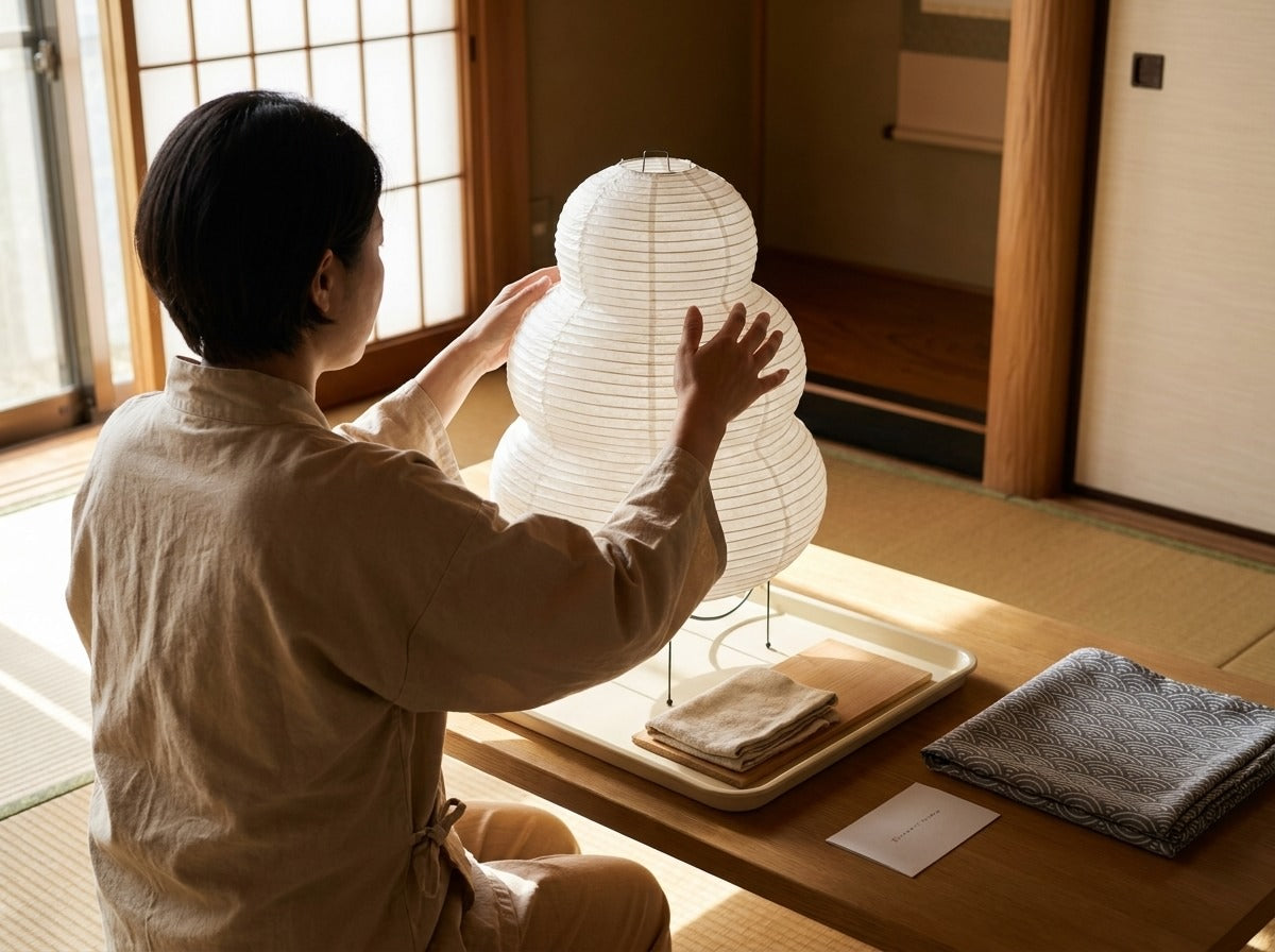 Artisan adjusting a lit traditional Japanese paper floor lamp with stacked round shades on its wire stand, tray with folded cloths on the tatami room table by shoji doors