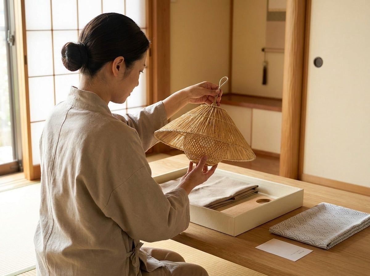 Artisan holding a traditional Japanese rattan pendant light with woven cone shade above a tray with folded cloths, tatami room by a sunlit shoji screen