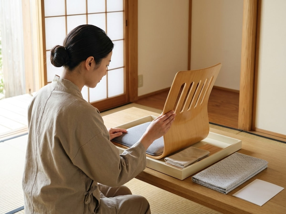 Woman in linen apron examining a traditional tatami chair with slatted wood backrest and grey cushion seat on a wooden table in a bright Japanese tatami room near shoji screen