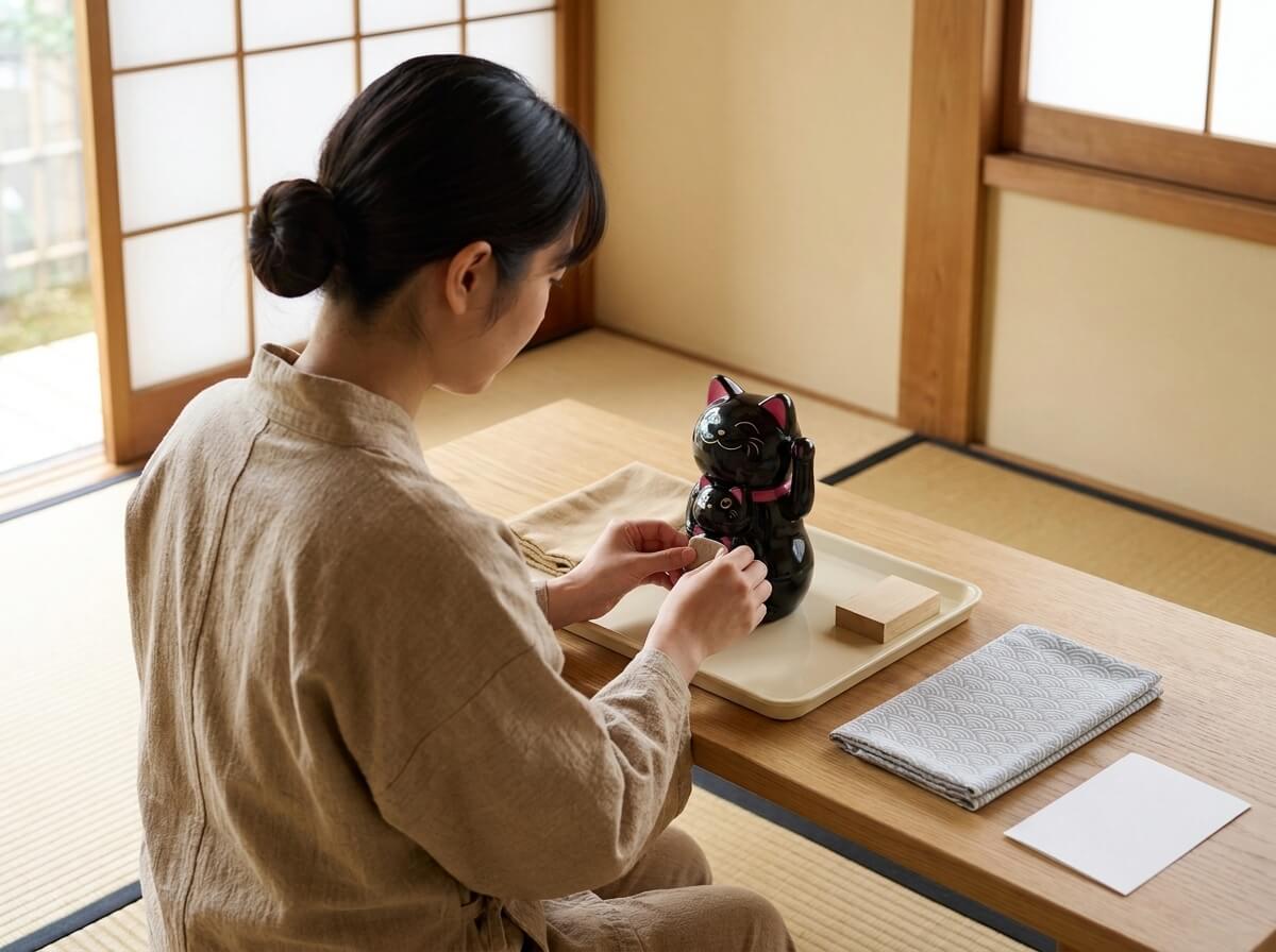 Woman inspecting a traditional maneki neko cute figurine family in glossy black with pink ears, holding the piece on a serving tray beside folded linen near a shoji screen door