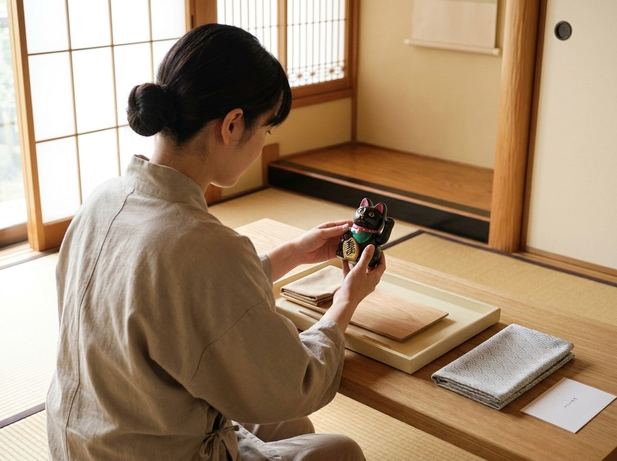 Artisan holding a traditional black maneki neko lucky cat statue with pink ears and raised paw, tray with folded cloths on the tatami room table by shoji doors
