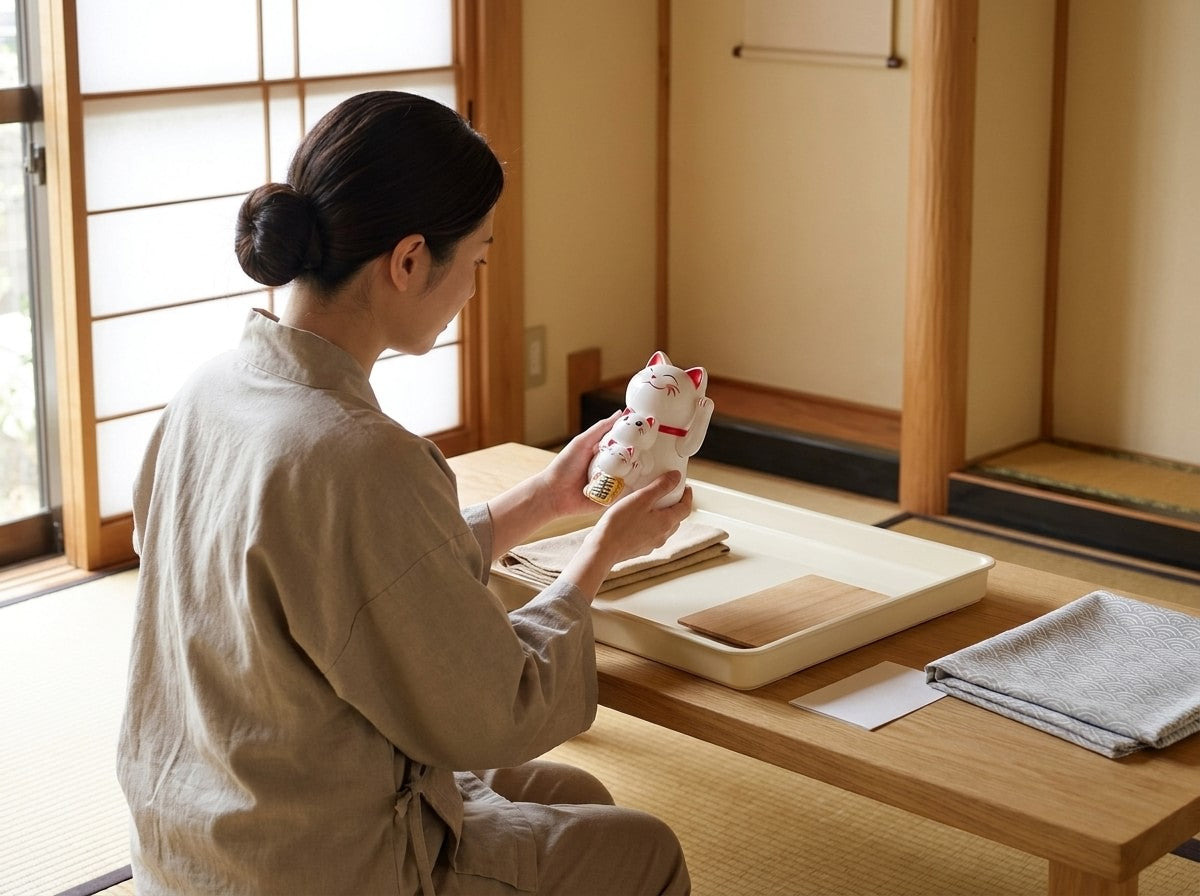 Artisan holding a traditional white maneki neko figurine with a smaller kitten and red collar, tray with folded cloths on the tatami room table by a sunlit shoji screen