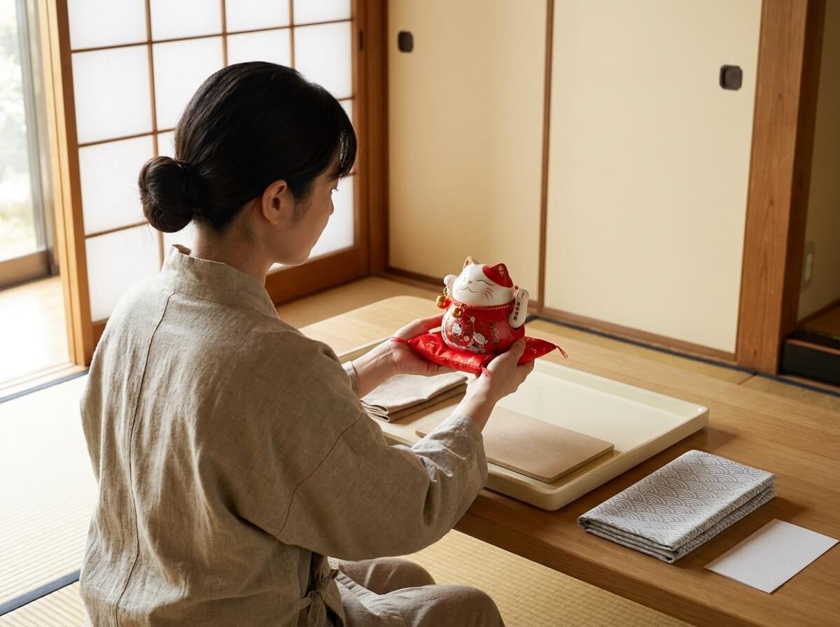 Woman holding a traditional maneki neko statue with red kimono-patterned collar and gold bells on its floral cushion, presenting it on a serving tray near a shoji screen in a sunlit tatami room