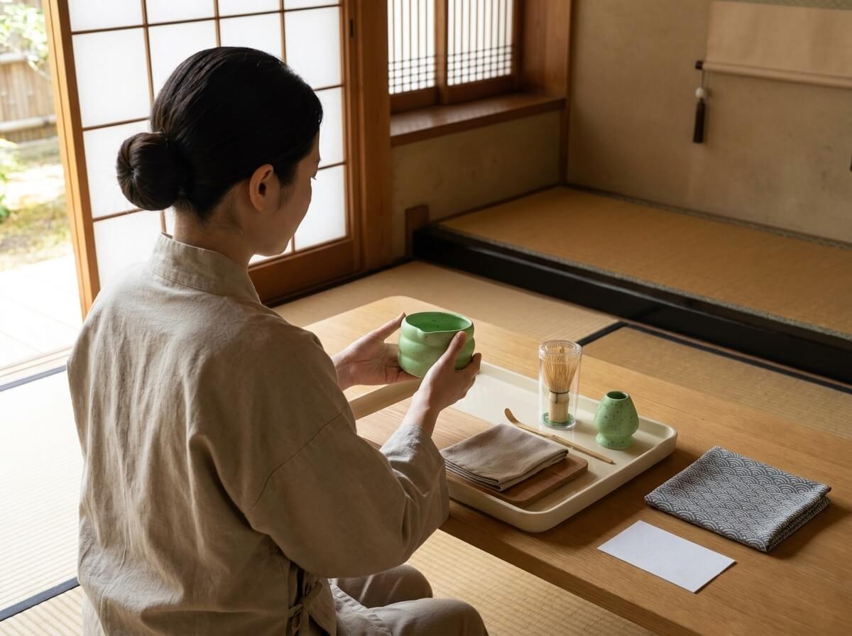 Overhead view of a traditional matcha bowl set in glossy green ceramic being measured with a ruler against a blueprint, surrounded by bamboo tools and a maneki-neko figurine