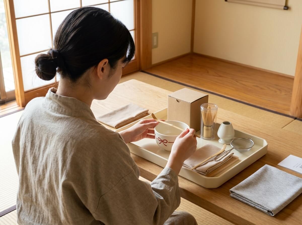 Woman in a linen apron scooping matcha into a cream ceramic bowl with red ribbon detailing from a traditional matcha green tea set, tray and kraft box resting nearby
