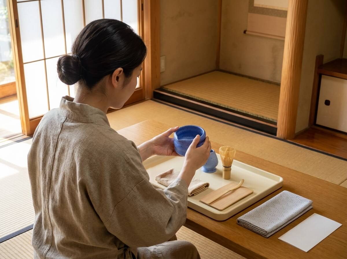 Overhead view of a traditional matcha tea whisk set in speckled blue ceramic being measured with a ruler against a blueprint, surrounded by craft tools and a maneki-neko figurine