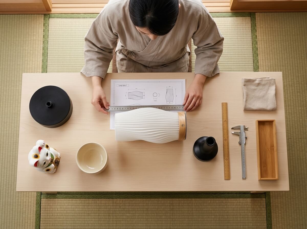 Overhead view of a woman measuring a traditional modern japanese lamp with a pleated white shade using a ruler, surrounded by blueprints, craft tools, and a maneki-neko figurine