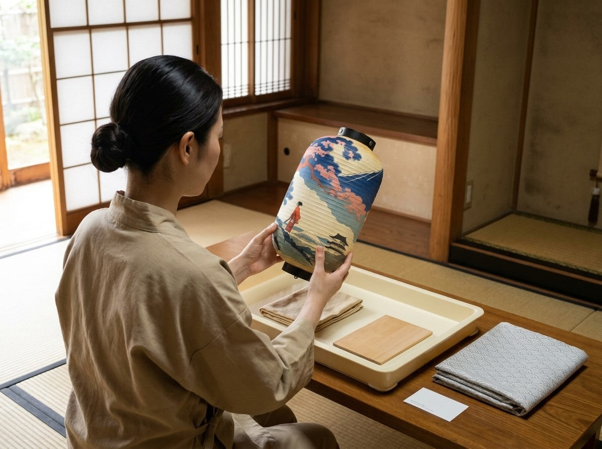 Artisan holding a traditional Japanese paper lamp painted with a Mount Fuji landscape, cherry blossoms and a kimono figure, tray with folded cloths on the tatami room table