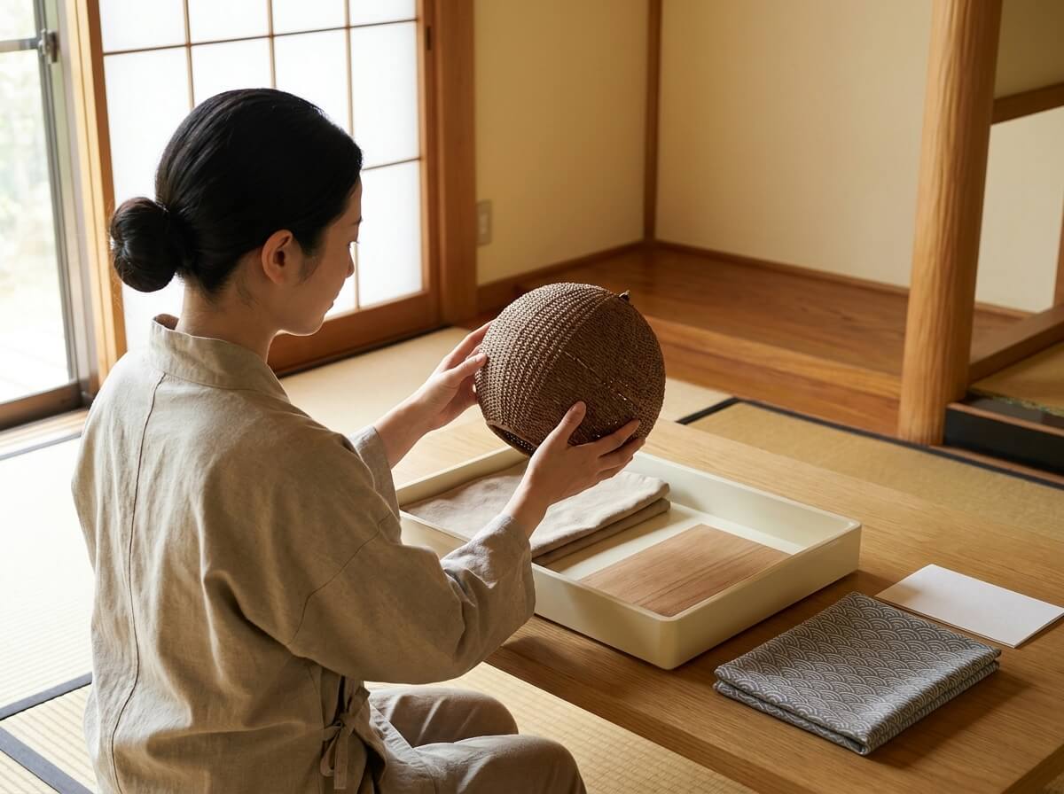 Artisan holding a traditional pendant light with hand-woven rattan shade close to inspect the texture, seated in a sunlit tatami room beside a shoji screen and folded linen cloth