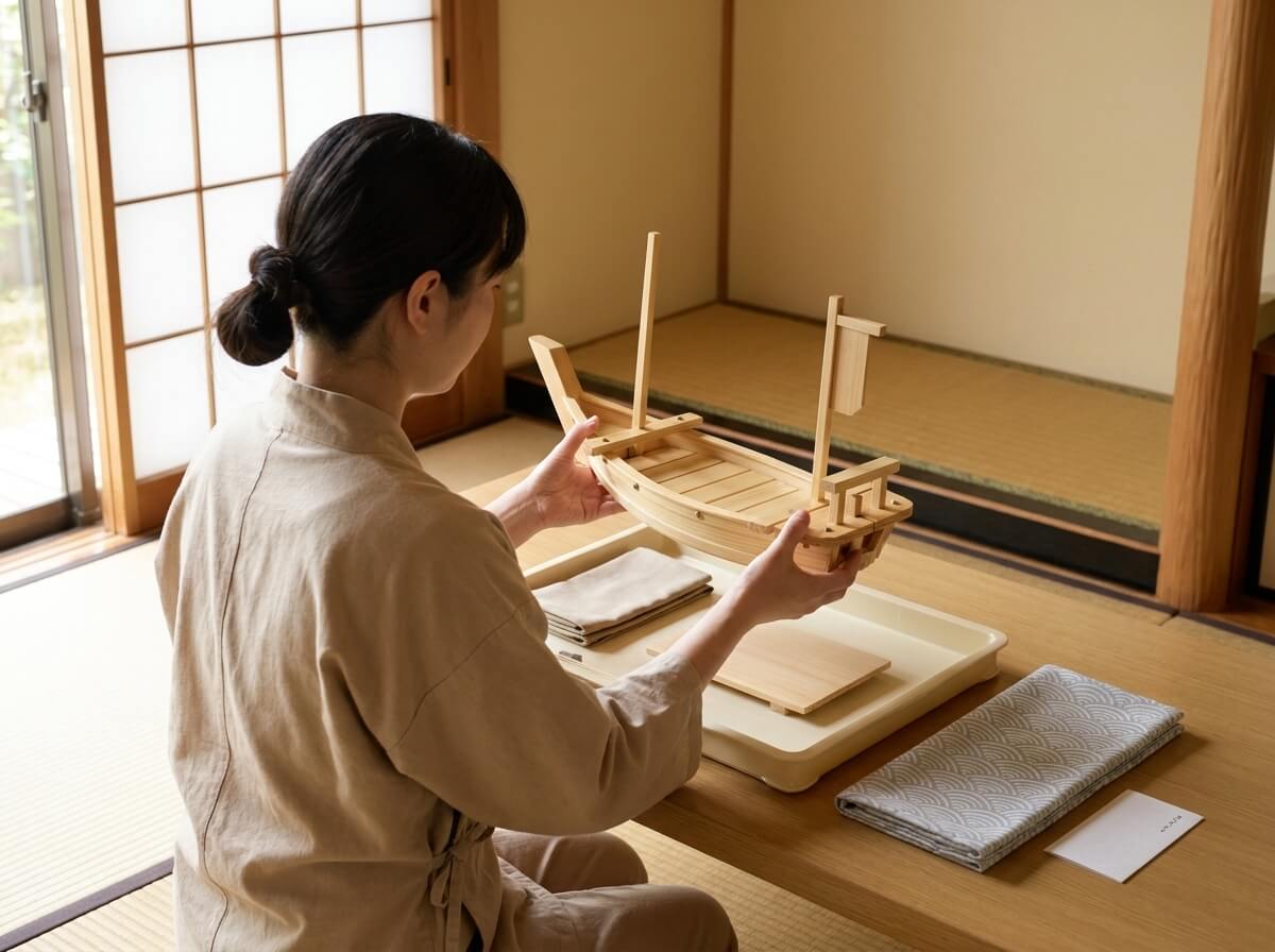 Woman in a linen apron examining a traditional wood sushi boat with pale slatted planks and pointed masts, held above a presentation tray