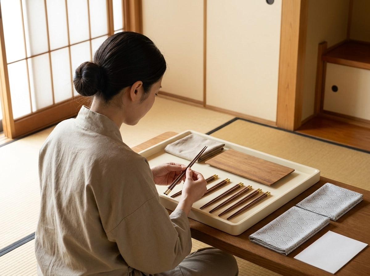 Woman in linen apron examining a set of traditional wooden chopsticks with gold tips arranged on a white tray alongside a walnut wood chopstick rest in a Japanese tatami room