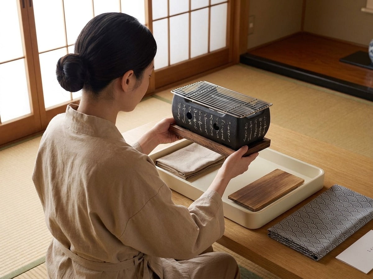 Woman in linen apron holding a traditional Japanese barbecue grill with calligraphy ceramic body and metal cooking grid on a wooden base in a tatami room