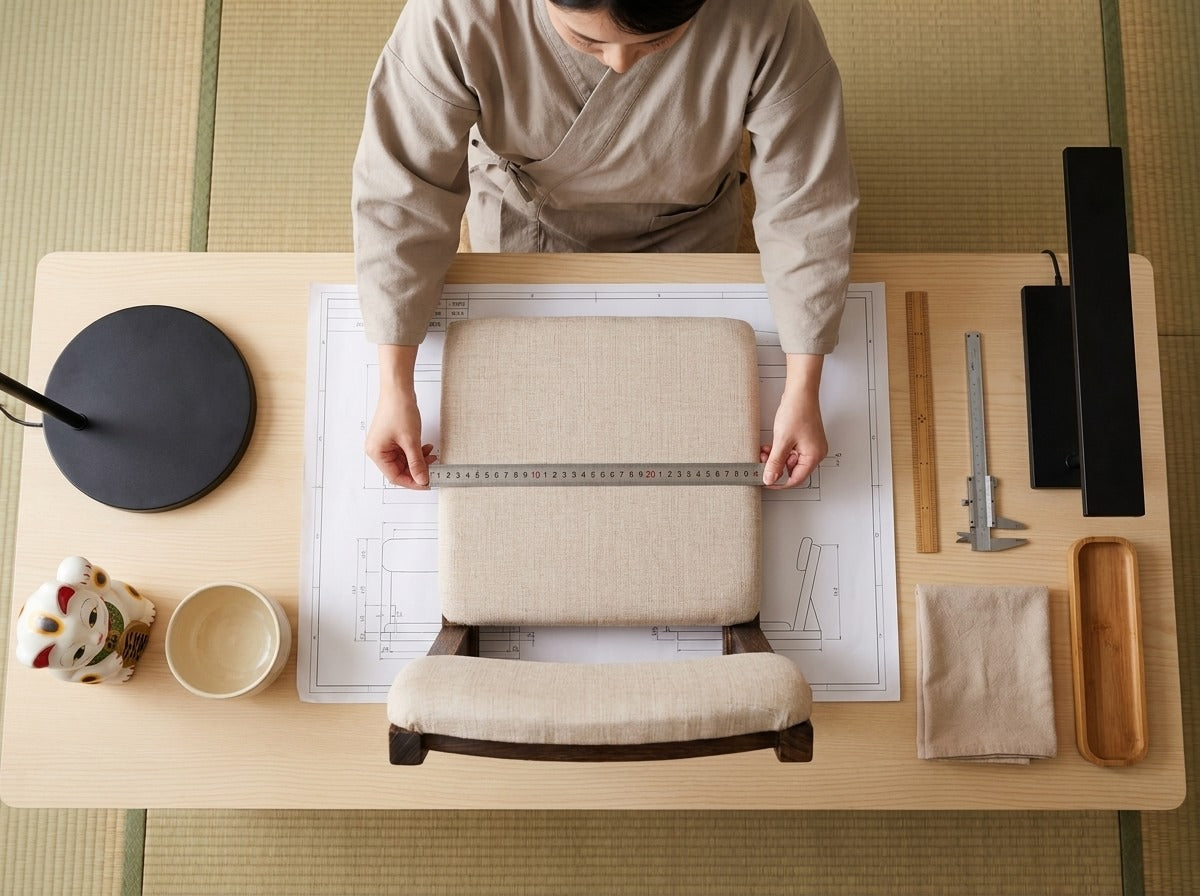 Overhead view of a woman in kimono measuring a traditional tatami chair with cream fabric seat against technical blueprints on a worktable with maneki-neko figurine and precision tools
