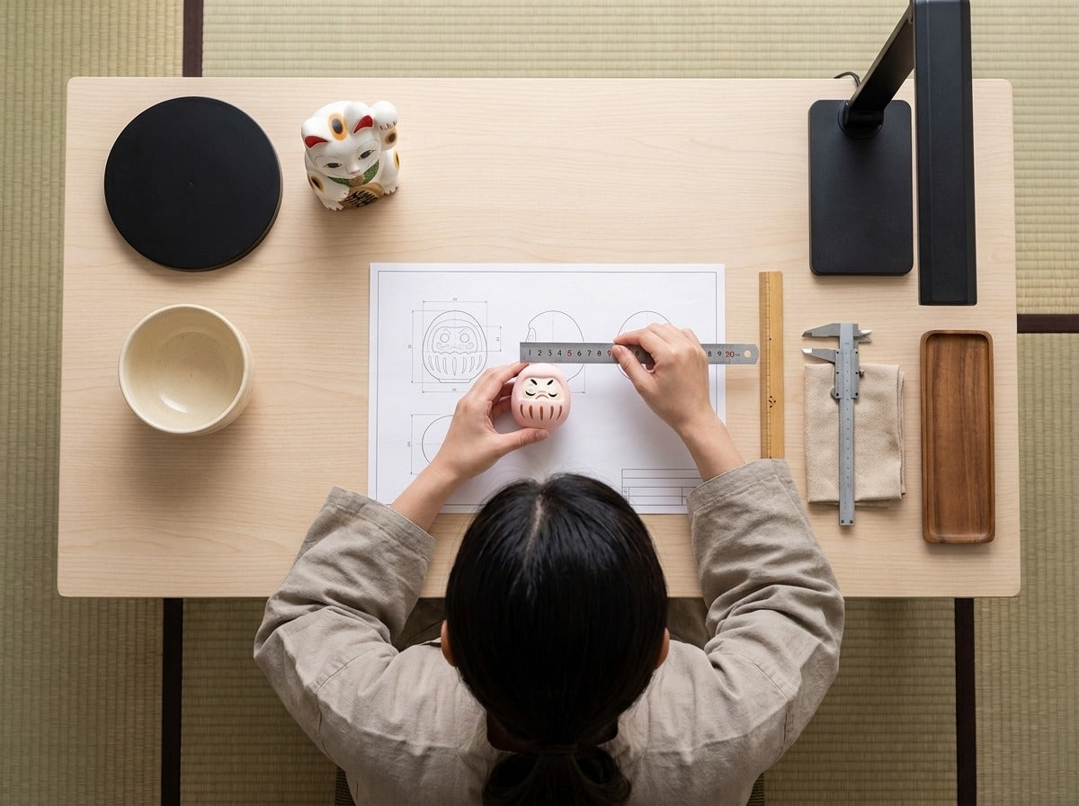 Overhead workshop shot measuring a very small pink daruma against a scale blueprint with a steel ruler, calipers, maneki neko figurine and lacquer bowl on the table