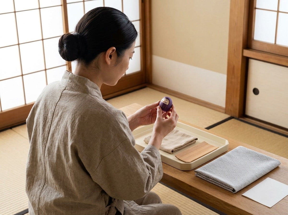 Artisan holding a very small purple daruma doll above a cream tray, folded cloths and wooden accessory on the table, tatami room with sliding shoji doors