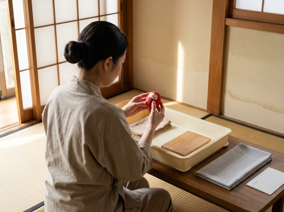 Artisan holding a very small red daruma doll in sunlight near a cream tray with folded cloths, tatami room with open shoji doors overlooking the garden