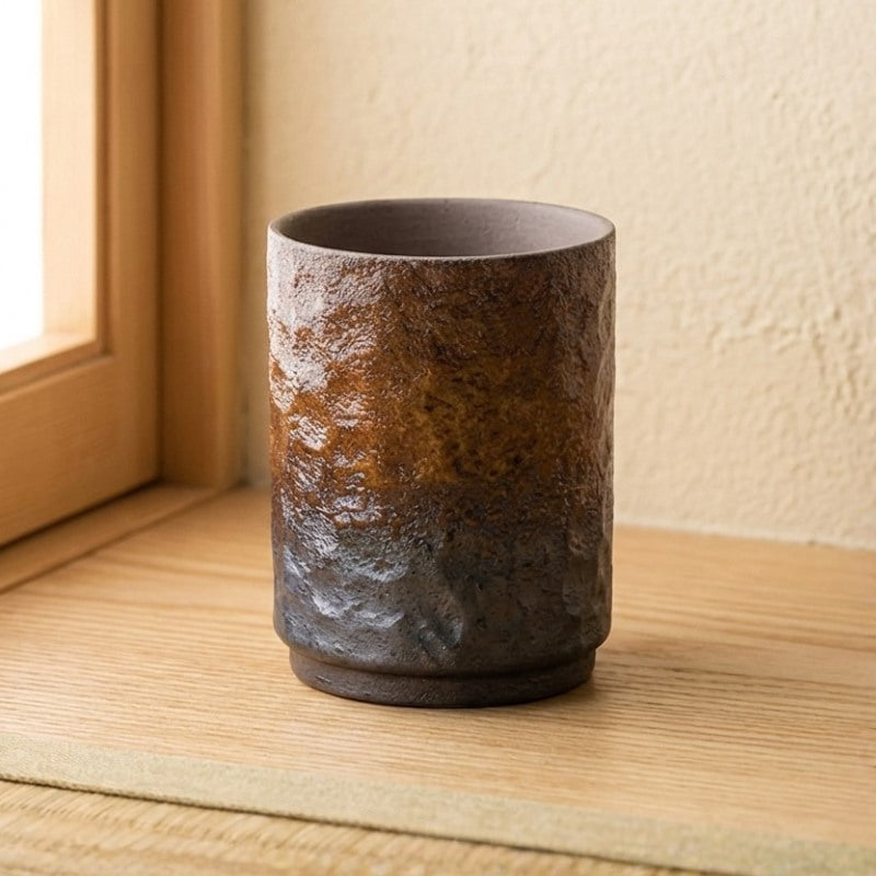 Vintage japanese tea cup displaying fire-kissed gradient exterior near bright window on wooden surface