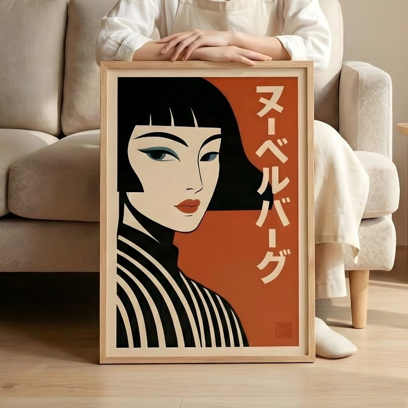 Contemporary vintage japanese wall art poster with modernist woman portrait held by person in minimalist living room with cream sofa