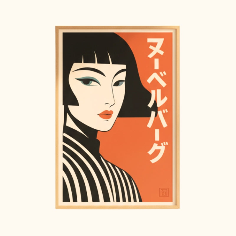 Classic wall art vintage japanese poster featuring stylized woman in black and white striped kimono in natural wood frame on white background