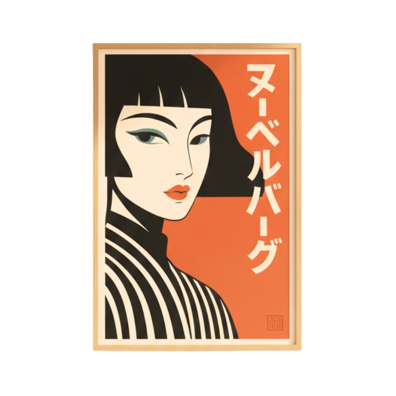 Classic wall art vintage japanese poster featuring stylized woman in black and white striped kimono in natural wood frame on white background