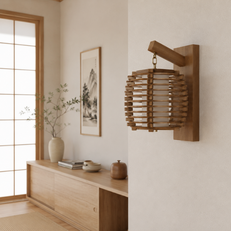 Wooden wall lamp japanese design mounted beside a window with a potted olive branch, framed ink landscape art, and a low oak credenza holding ceramic vessels