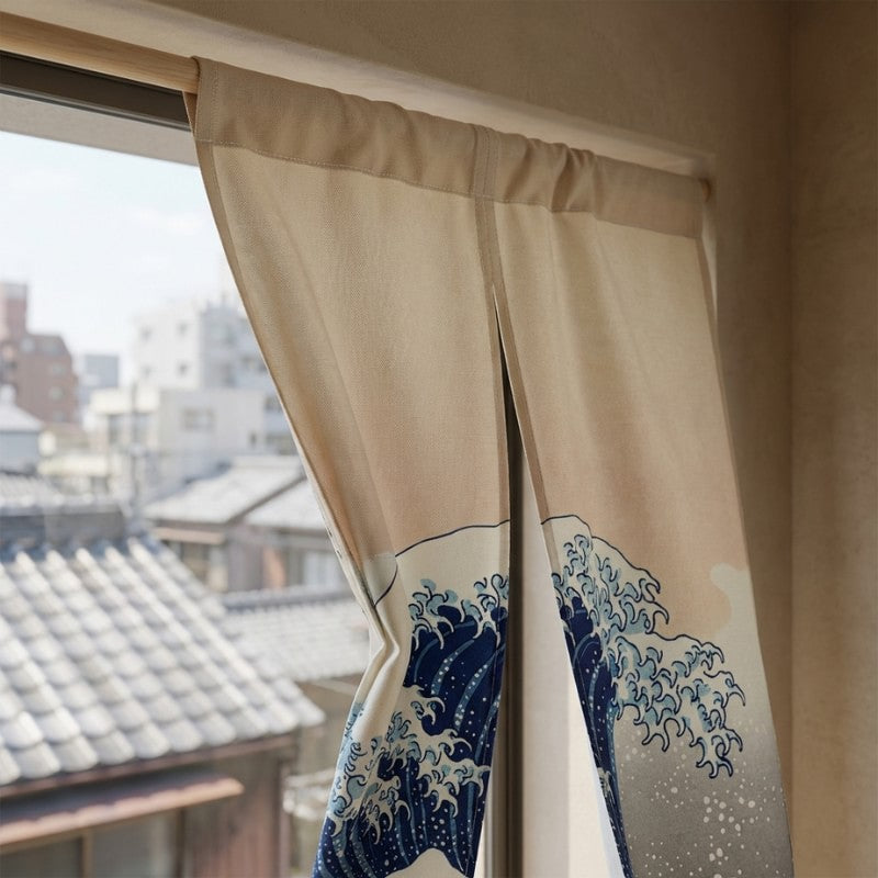 Close-up of wave noren japanese door curtain showing Hokusai Great Wave linen fabric texture on wooden rod with traditional Kyoto rooftop view through window
