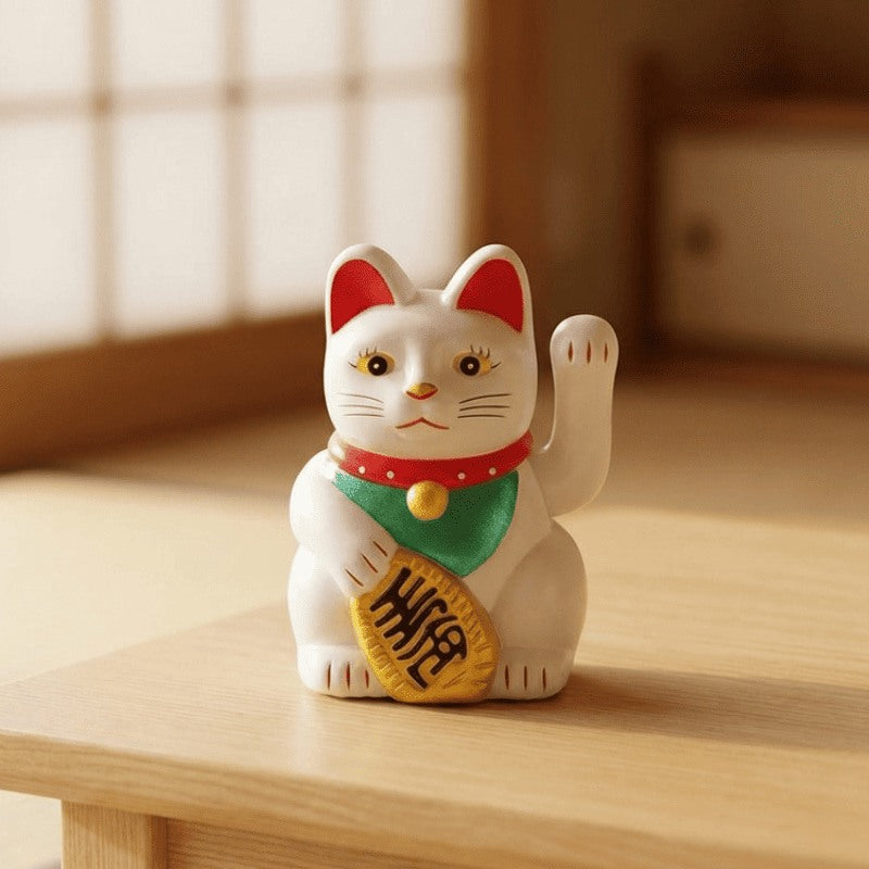 Traditional white wavin maneki neko with beckoning paw on wooden table in Japanese home with soft natural window lighting