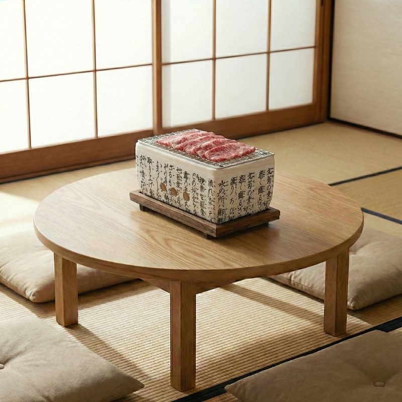 White barbecue Japanese ceramic grill with traditional script cooking thinly sliced wagyu on round wooden table with cushions