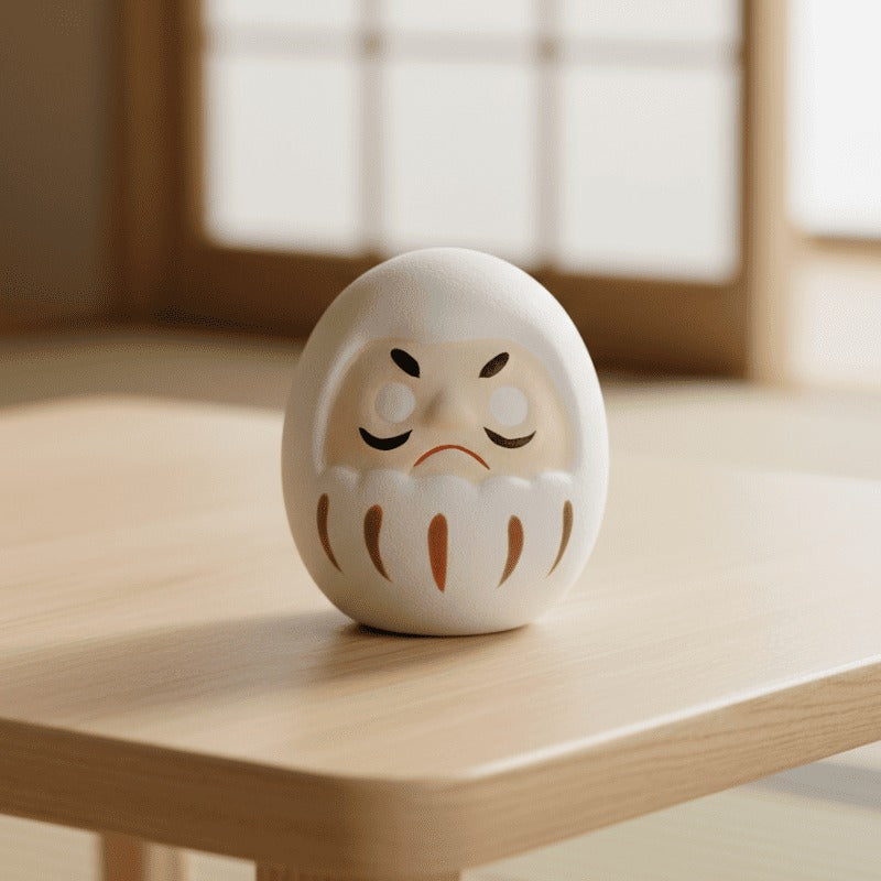 Pristine white daruma with brown decorative markings displayed on wooden surface near bright shoji window in serene Japanese setting