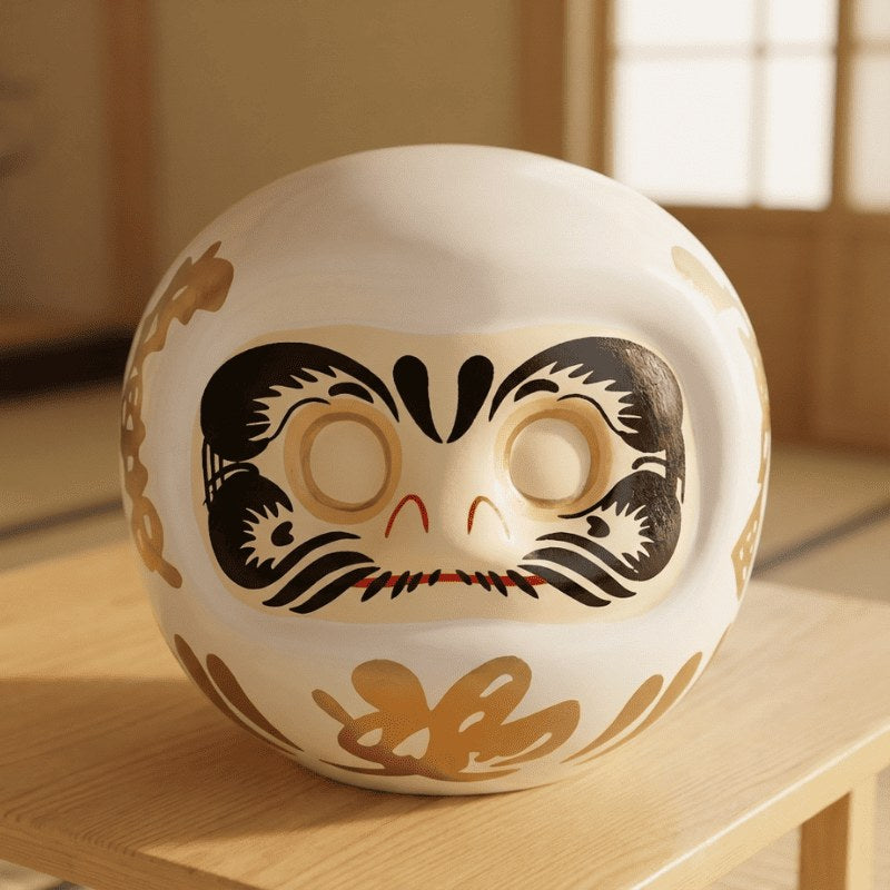 Traditional white Japanese daruma doll with blank eyes and decorative gold details displayed on natural wood surface in minimalist interior setting
