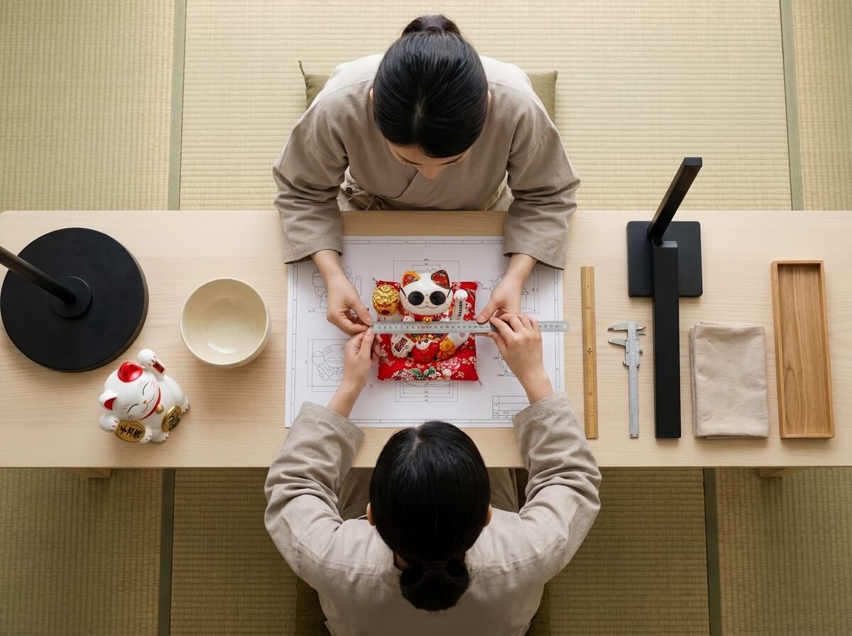 Two people measuring a traditional white maneki neko statue with sunglasses and gold accents against its blueprint, ruler in hand, with a second maneki neko figurine, black lamp base, and calipers on a light wood table