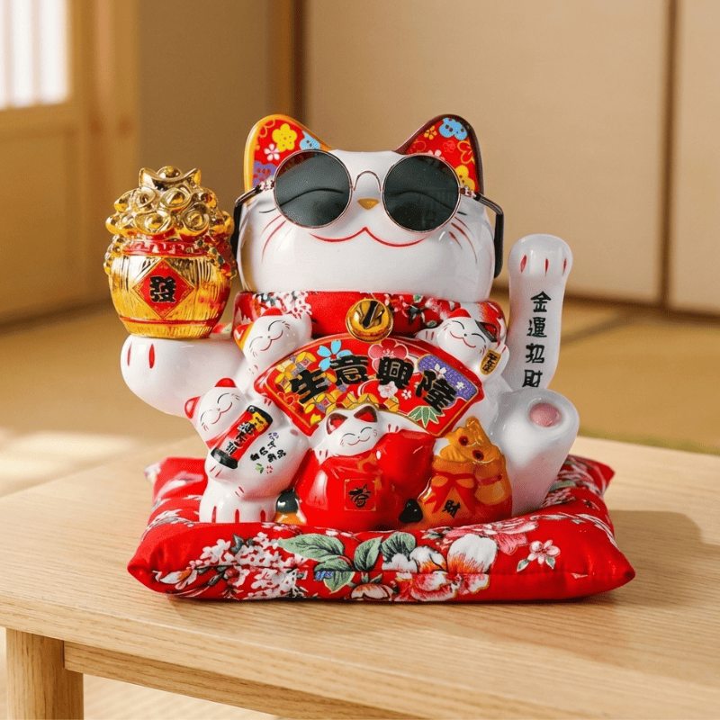 White maneki neko fortune guardian with sunglasses and prosperity symbols on decorative red cushion displayed on wooden table in Japanese home setting