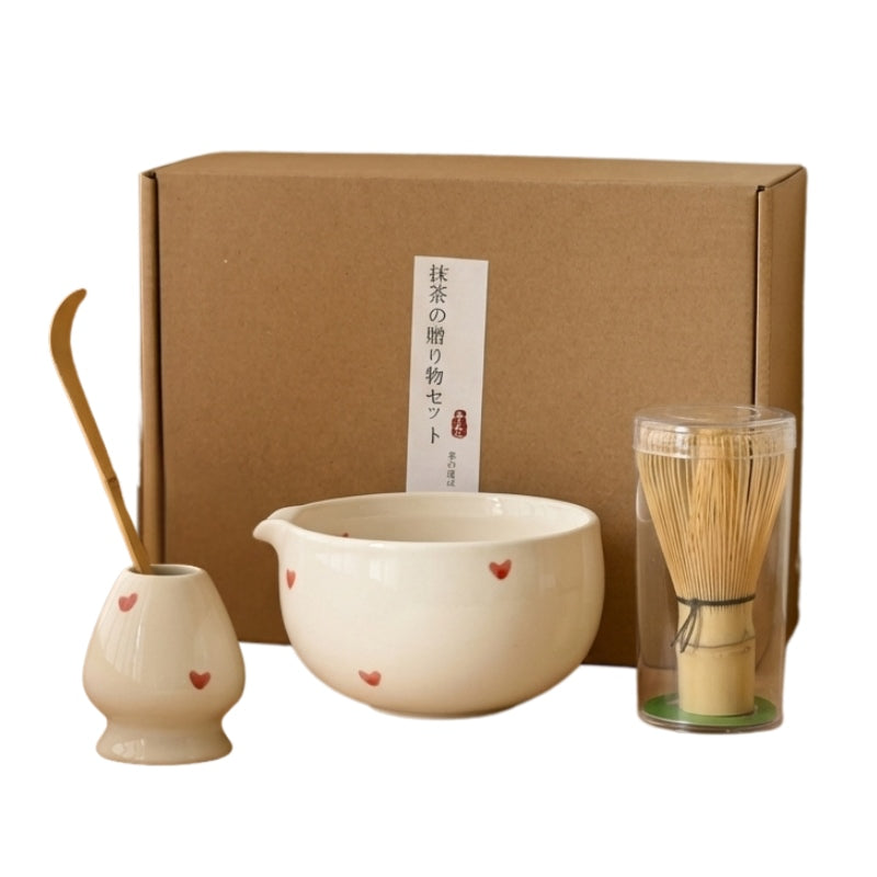 Pure white matcha set tea decorated with red hearts complete with bamboo tools and presentation box