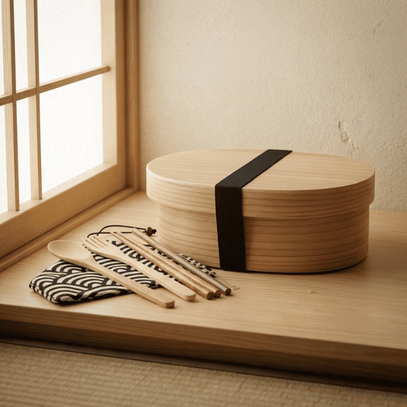 Light bentwood wood bento box japanese with elastic closure displayed on wooden windowsill with complete utensil set near shoji screen