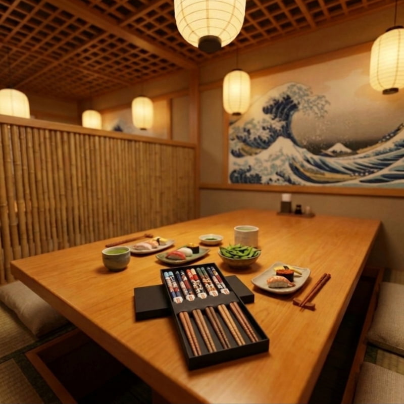 A boxed set of wood chopsticks kawaii designs sits on a restaurant table set with sushi, edamame, and tea beneath a wave mural